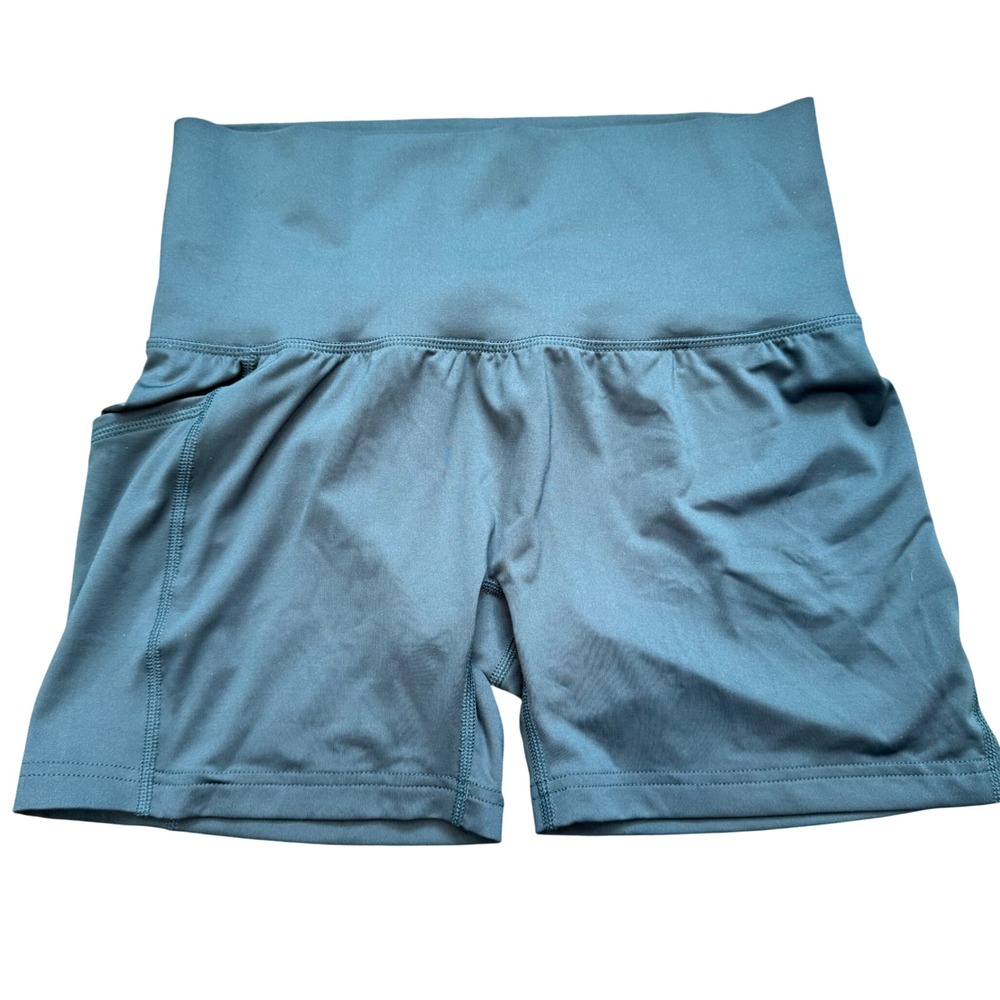 Adidas Womens Athletic Shorts Teal Blue High Waist Pockets Size S